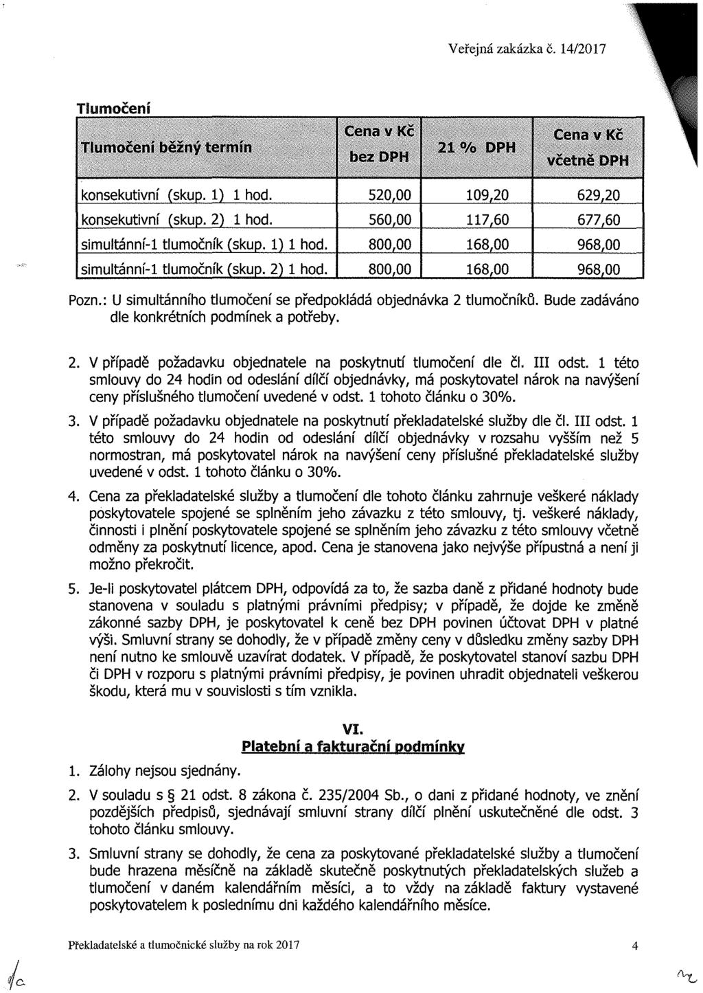 'a Veřejná zakázka č. 14/2017 Tlumočení běžný termín Cena v Kč bez DPH 21% DPH Cena v Kč včetně DPH konsekutivní (skup. 1) 1 hod. 520,00 109,20 629,20 konsekutivní (skup. 2) 1 hod.