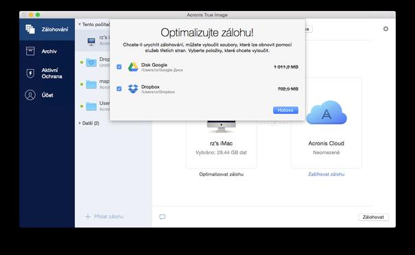 Vyloučení obnovitelných dat z online záloh Aplikace Acronis True Image 2018 umožňuje vyloučit lokální data nahrávaná nebo synchronizovaná s cloudovými službami třetí strany, jako je například Disk