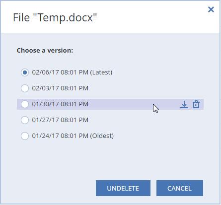 Na kartě Soubory webové aplikace Acronis Cloud vyhledejte soubor nebo složku, které chcete obnovit. Můžete použít také pole vyhledávání. 2. Obnovu spusťte kliknutím na tlačítko Stáhnout.