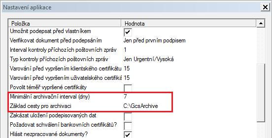 Do pole Minimální archivační interval (dny) zadejte ve dnech časový interval, po jehož uplynutí (od poslední archivace) se začne archivace automaticky nabízet