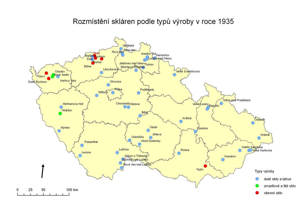 Mapa 8 Rozmístění skláren v ČR podle typů výroby v roce 1935 převzato z: Král (2013) Z mapy je možné vidět, že sklářská výroba byla významně koncentrována do oblasti severozápadních Čech, kde se