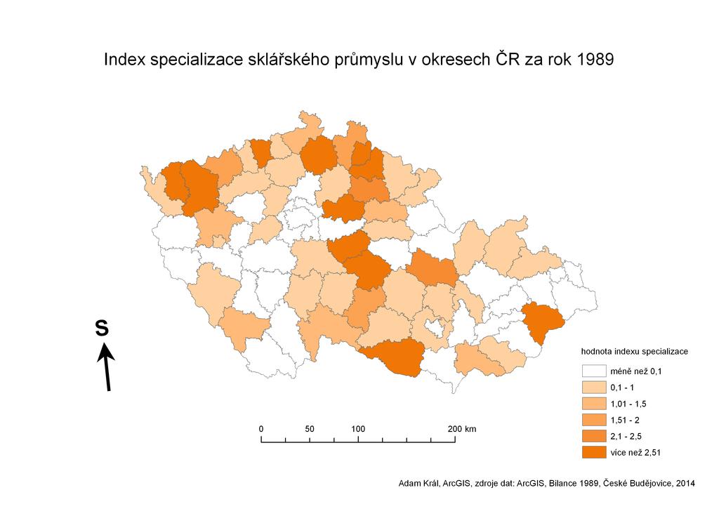 Mapa 12 Index specializace sklářského průmyslu v okresech ČR za rok 1989 zdroj dat: Bilance odvětví 1989, vlastní zpracování Z uvedené mapy lze vidět, že sklářská výroba se v roce 1989 vyznačovala