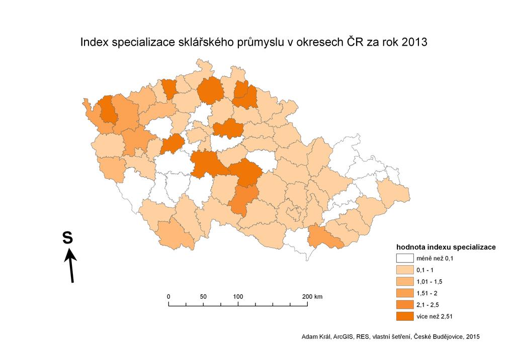 Mapa 13 Index specializace sklářského průmyslu v okresech ČR za rok 2013 zdroj dat: RES, VDB, terénní šetření, výroční zprávy podniků, vlastní zpracování a dopočty Na výše uvedené mapě je možné