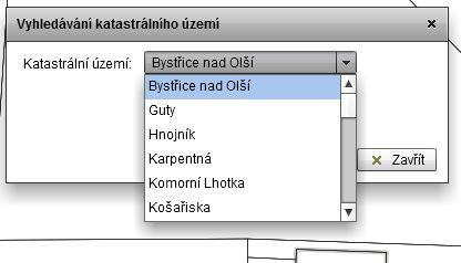 Vyhledání Katastrálního území Kliknutím na ikonu se otevře okno pro vyhledání Katastrálního