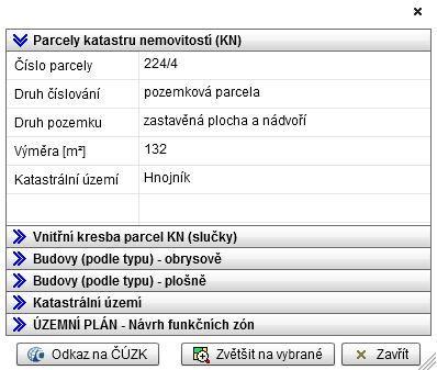 Informace o objektech ve vrstvách Pomocí tohoto nástroje můžeme získat informace o prvcích v místě kurzoru, tzv. průřez zobrazenými vrstvami.