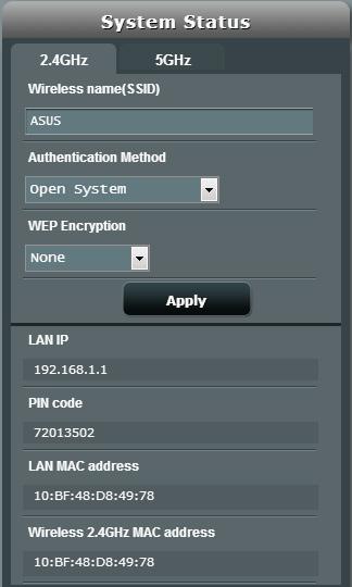 Výběrem ikony System status (Stav systému) na obrazovce Network Map (Mapa sítě) zobrazíte nastavení zabezpečení bezdrátového připojení, například SSID, úroveň zabezpečení a nastavení šifrování.