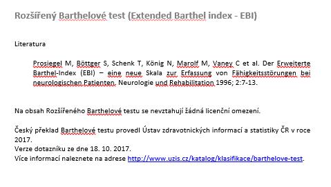 Rozšířený Barthelové Index (Extended BI) Hodnocení 6 oblastí souvisejících