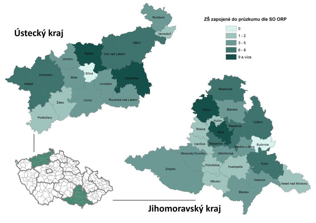 Obr. 1 SO) Účast ZŠ v průzkumu dle SO ORP (18 ZŠ z Jihomoravského kraje a 7 ZŠ z Ústeckého kraje neuvedlo daný Pozn: n=210; 18 ZŠ z Jihomoravského kraje a 7 ZŠ z Ústeckého kraje neuvedlo daný SO