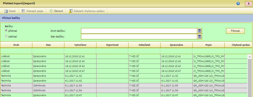 Nastavení aplikace Přenos dat přehled importů a exportů obnovu dat v seznamu Dále jsou dostupné filtry pro výběr směru přenášených dat (příchozí nebo odchozí balíčky) druhu balíčku (osoba, technika