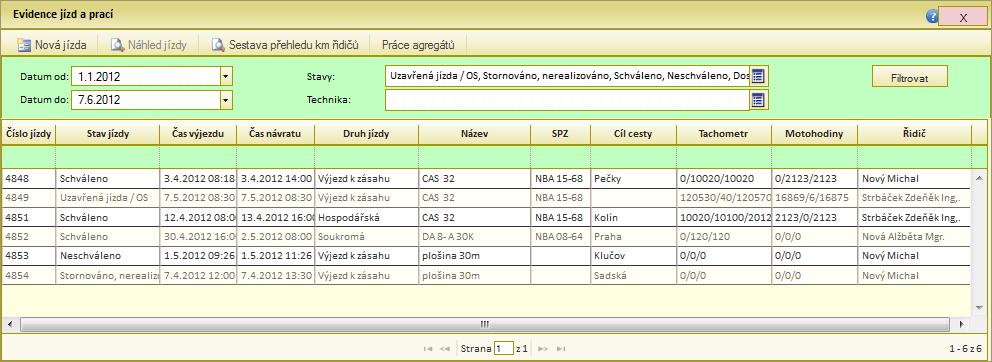 Modul Strojní služba Evidence jízd a prací Obrázek 40: přehled jízd TIP pokud v seznamu Evidence jízd a prací není zobrazen záznam, který jsme již vytvořili, ověřme nastavení filtru na stav jízd a