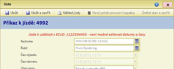 Po rozkliknutí detailu jsou navíc vždy označeny červenou textací Jízda k události, obsahující také číslo události ECUD (pokud je na kraji číslo generováno později, může být také prázdné), ke které se