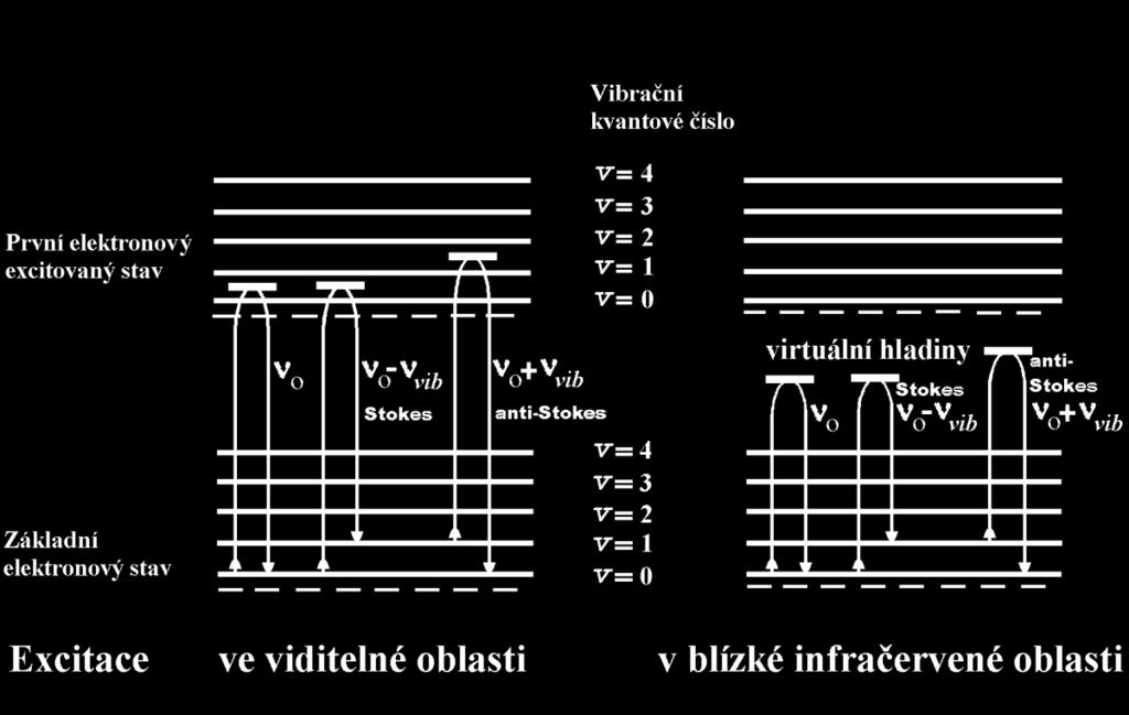 Obrázek 15: Schéma dvoufotonových přechodů Ramanův a Rayleighův rozptyl při excitaci ve viditelné a blízké infračervené oblasti( - značí excitaci, - značí emisi fotonu) Ramanův rozptyl se detekuje a