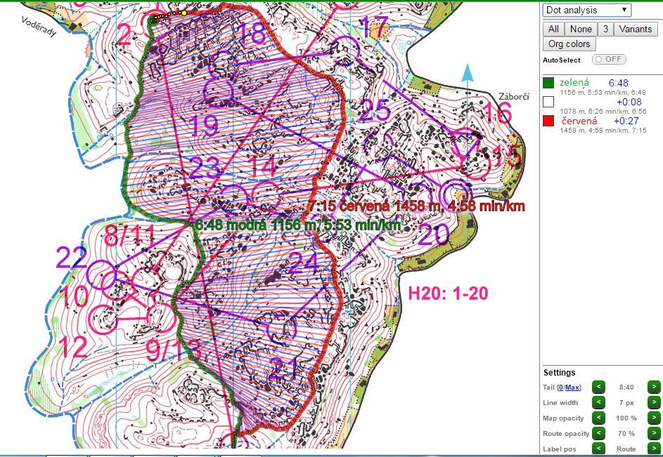 5.2 Dot analysis Dot analysis je analýza časové ztráty v průběhu postupu. Barvy čar na mapě mezi kontrolami ukazují varianty zvolených postupů dvou vybraných závodníků.