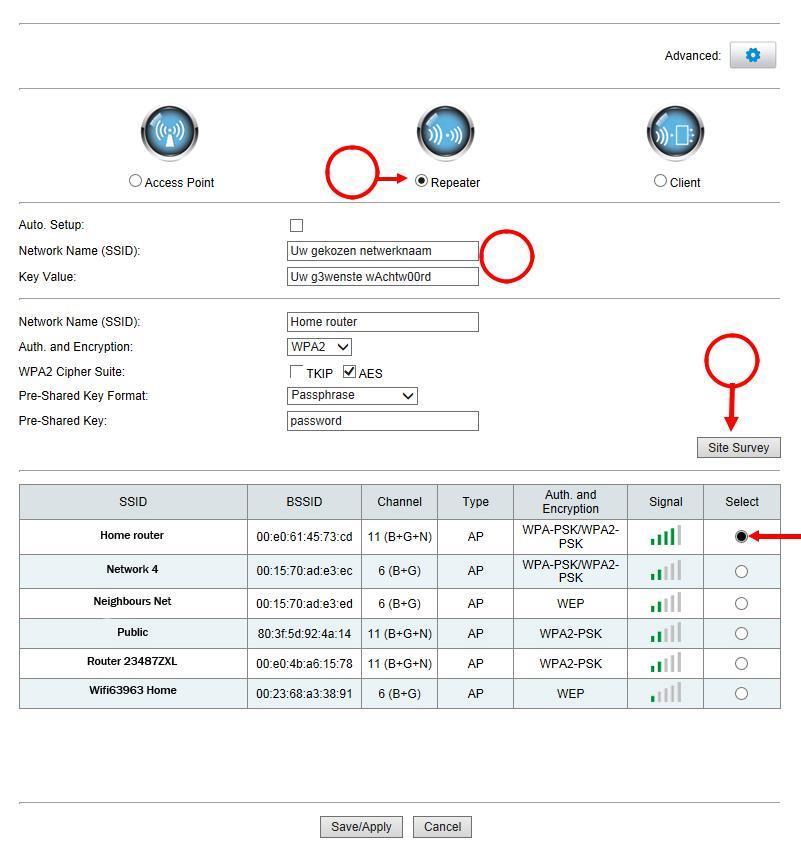 9. Nyní jste v hlavní nabídce Gembird WNP-RP-002 WiFi-Repeater. 1 3 (optional) 2 10. V horní části stránky zvolte Repeater (1) 11. Klikněte na tlačítko Site Survey (2) 12.