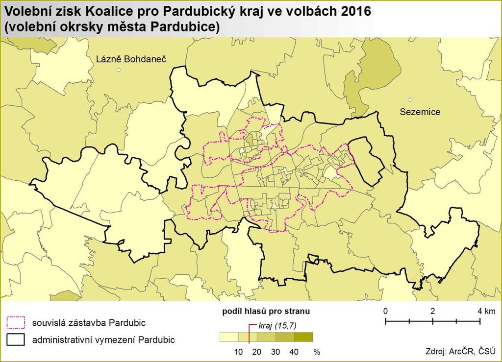 Výše popsaný prostorový vzorec volebních zisků Koalice pro Pardubický kraj lze chápat v několika souvislostech.