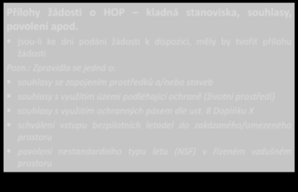 Přílohy žádosti o HOP kladná stanoviska, souhlasy, povolení apod. jsou-li ke dni podání žádosti k dispozici, měly by tvořit přílohu žádosti Pozn.