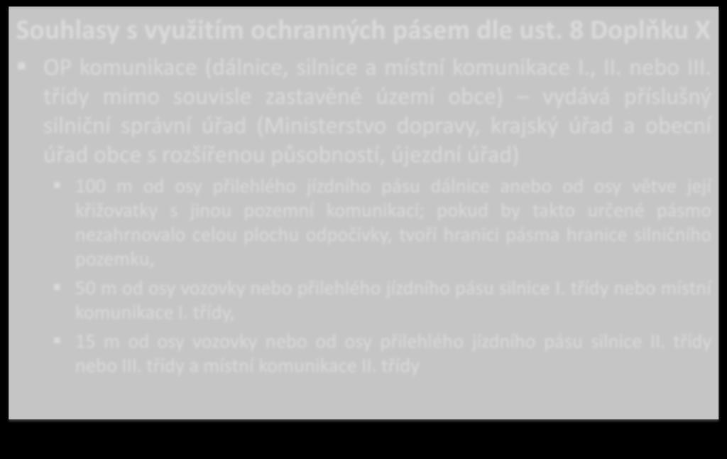 Souhlasy s využitím ochranných pásem dle ust. 8 Doplňku X OP komunikace (dálnice, silnice a místní komunikace I., II. nebo III.