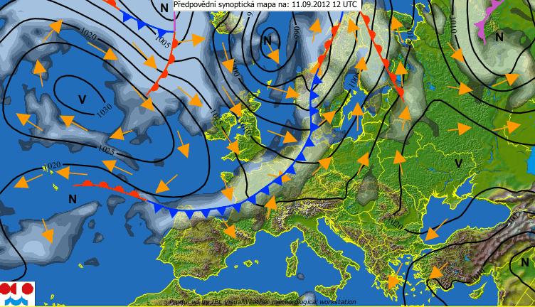 3 7 bodů Na obrázku vidíte předpovědní synoptickou mapu z 11. 9. 2012. Na základě použití této mapy odpovězte na následující otázky. a. Určete správnost následujících tvrzení.