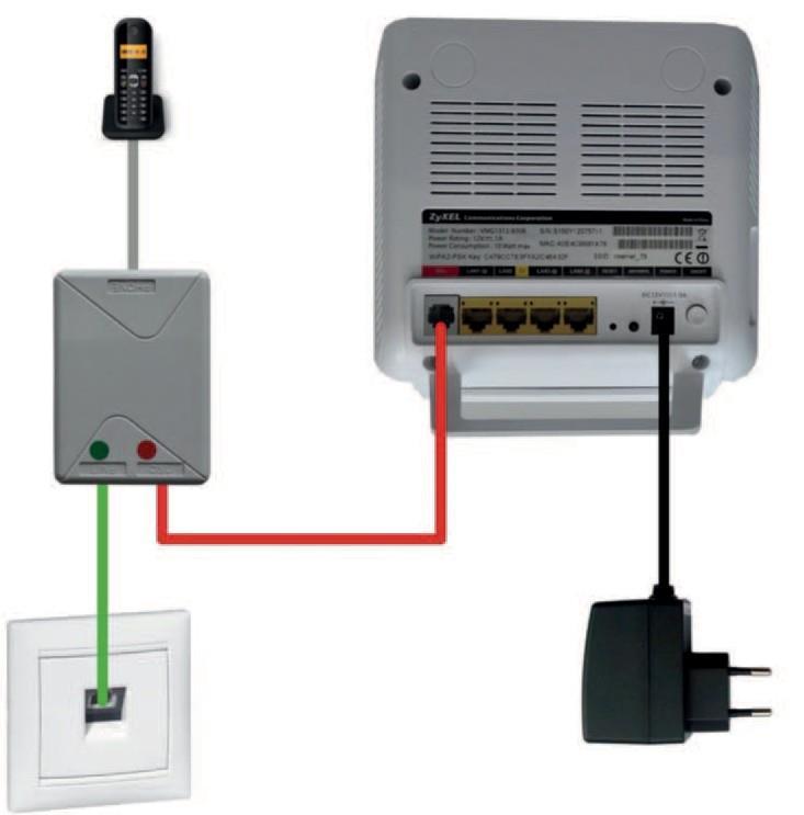 Celkové zapojení by mělo odpovídat následujícímu obrázku: pevná linka směrovač (WiFi router) rozbočovač (splitter) Telefoní zásuvka napájecí AC adaptér 2. Nastavení směrovače pomocí počítače.