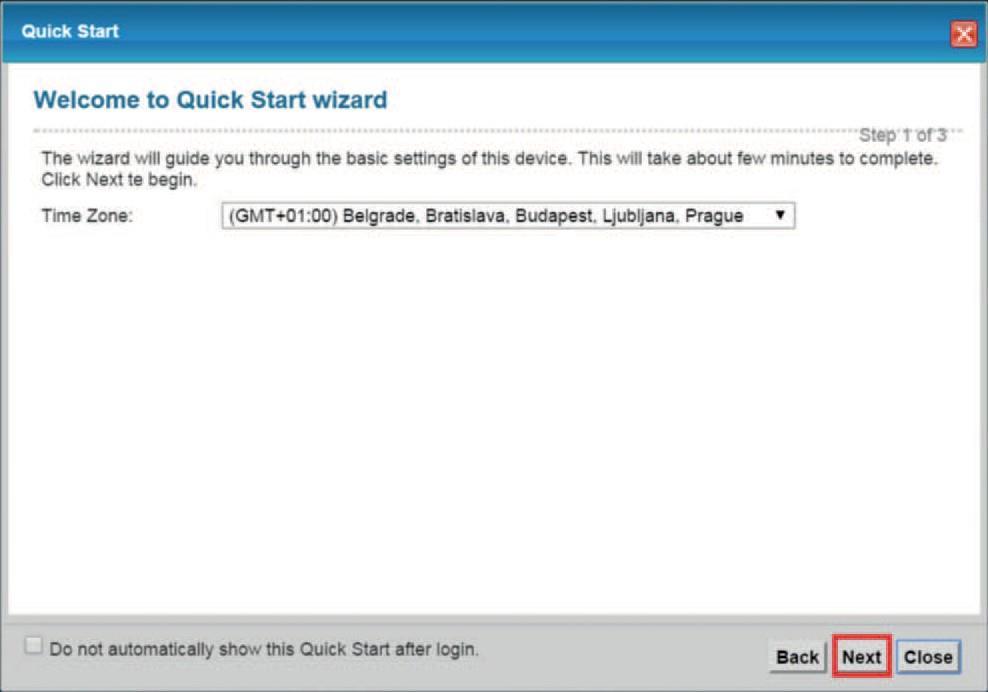 4. Prvotní nastavení internetového připojení Když se úspěšně připojíte na webové konfigurační rozhraní, zobrazí se okno - průvodce nastavením - Quick Start.