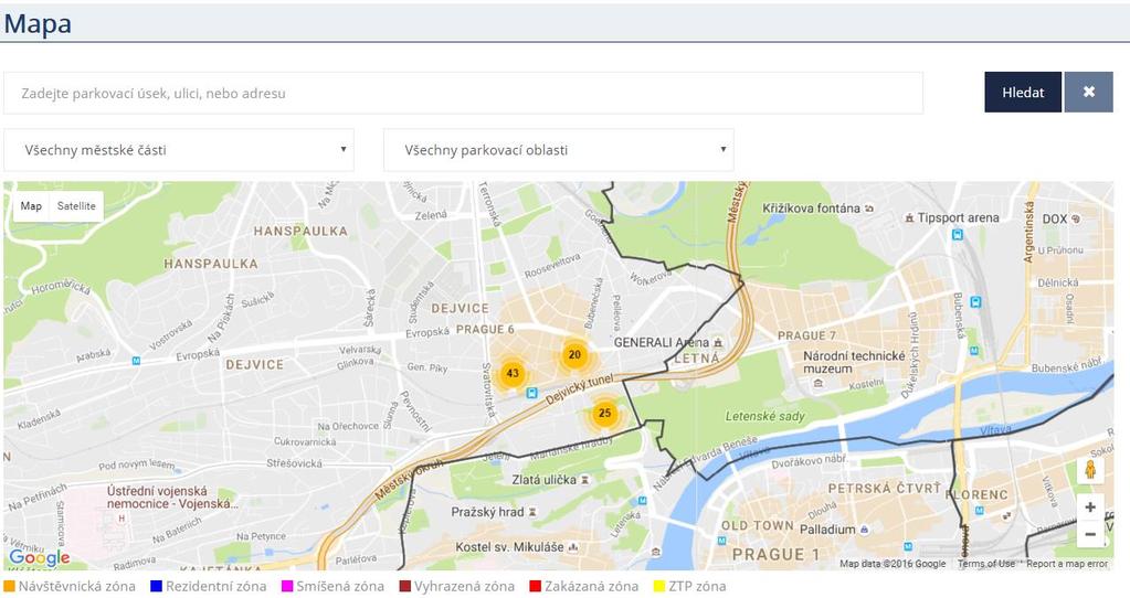 Mapa Po kliknutí na map: v pravém horním rohu menu si uživatel může zvolit ze dvou typů Mapa Parkovacích oblastí Uživatel si může filtrovat detailnější část Prahy zadáním nebo kombinací a)