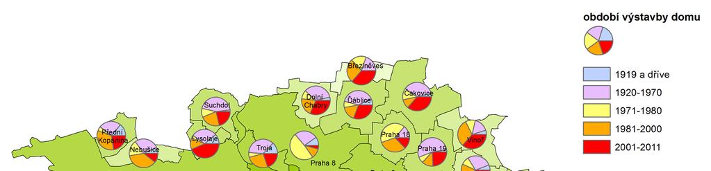 Zdaleka nejvyšší podíl neobydlených domů byl registrován na území městské části Praha-Troja, kde jako neobydlené bylo podle SLDB 2011 evidováno 22,3 % z celkového počtu domů s byty.