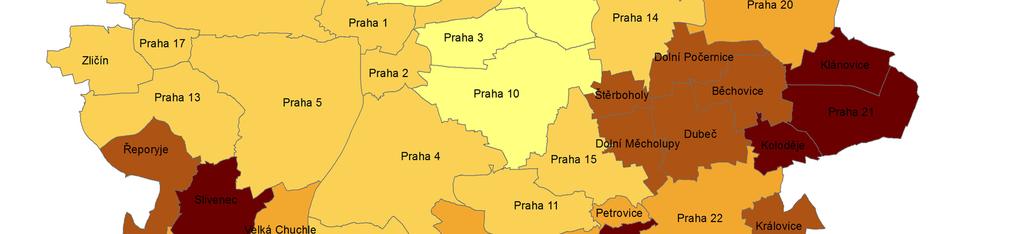 Z vnitroměstské perspektivy lze hodnotit prostorový komfort bydlení nejpříznivěji v okrajových městských částech s dominancí zástavby ve formě rodinných domů (nad 40 m 2 obytné plochy bytu je k