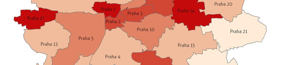 disponovaly správní obvody Praha 14 (26,4 %), Praha 17 (23,2 %), Praha 1 (20,6 %), Praha 2 (19,1 %) a Praha 3 (17,9 %).
