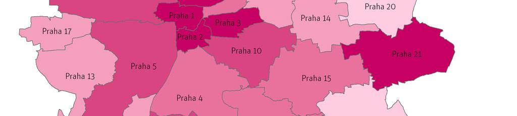 bytů připadalo na 1 obytnou místnost v průměru nejméně osob ve správním obvodu Praha 22 (1,0) a naopak nejvíce ve správním obvodu Praha 21 (1,4). Obrázek č.