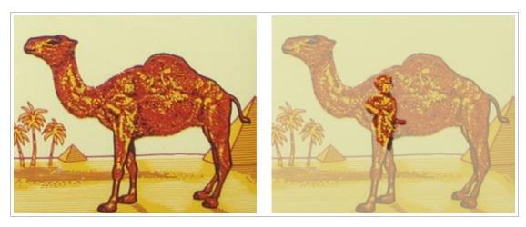 Dalším příkladem je velbloud značky cigaret Camel. Při bližším zaměření se na následující Obrázek 3 se v přední noze velblouda ukrývá čůrající panáček - symbol města Brusel.