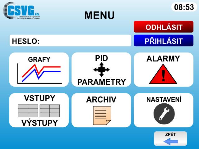 3.2. Obrazovka MENU Obrazovka MENU. Tato obrazovka je určená pro přechod mezi dalšími obrazovkami a přihlášení. Po stisknutí tlačítka GRAFY zobrazíme obrazovku s grafy topného výkonu a teploty.