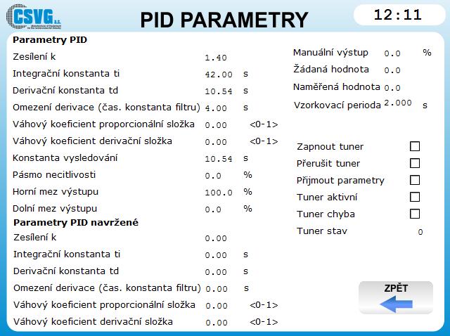 3.3. Obrazovka PID PARAMETRY Obrazovka PID PARAMETRY. Na této obrazovce je možné zobrazit regulační konstanty, koeficienty a další parametry ovlivňující regulaci ohřevu vody.