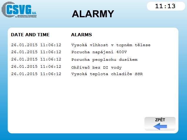 3.4.2. Obrazovka s alarmy se zobrazí po stisknutí tlačítka ALARMY na obrazovce MENU.