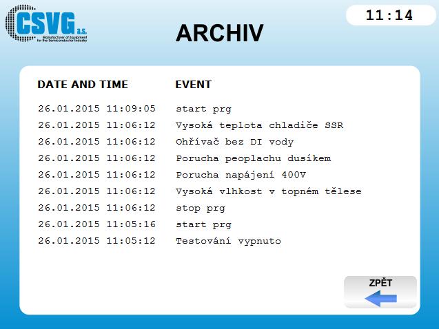 3.6. Obrazovka ARCHIV Obrazovka ARCHIV. Na této obrazovce máme zobrazeny všechny události, které se v zařízení staly. Nejaktuálnější událost je vždy zapsána na první stránce na prvním řádku.