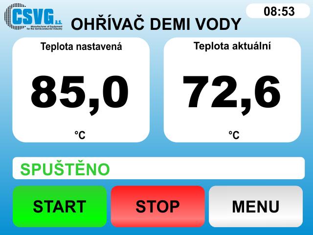 3. Nastavení a provoz řídící jednotky 3.1. Základní obrazovka Základní obrazovka. Tato obrazovka se zobrazí po správném spuštění a načtení.