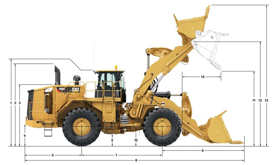 Specifikace kolového nakladače 988K Rozměry Všechny rozměry jsou přibližné.