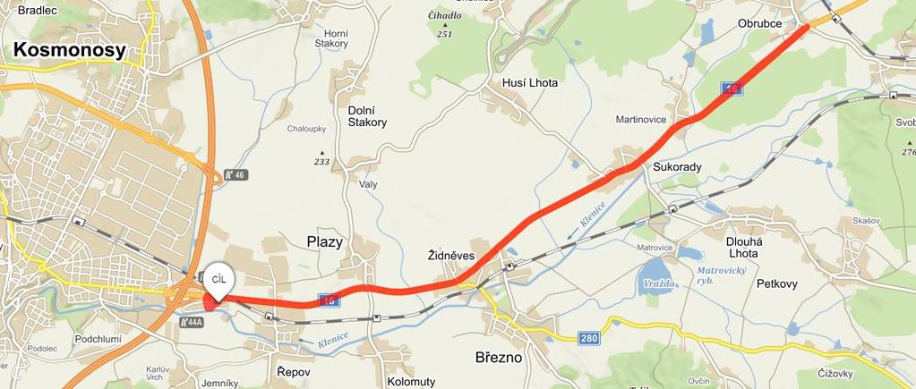 Obrázek 19: Část cyklu - město Mimoměstský cyklus (Obrázek 20) navazoval na městský v ulici Jičínská a vedl po silnici I. třídy směrem na Jičín.