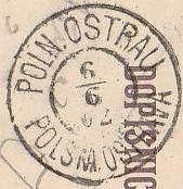 - 15 - jako POLSKÁ OSTRAVA 1 / POLNISCHE OSTRAU 1. Pońta za Rakouska pouņívala celkem 5 typů razítek: 1) POLN.OSTRAU / POLSKÁ OSTRAVA, typ E 171, v pouņití od r.1884, 2) POLN.