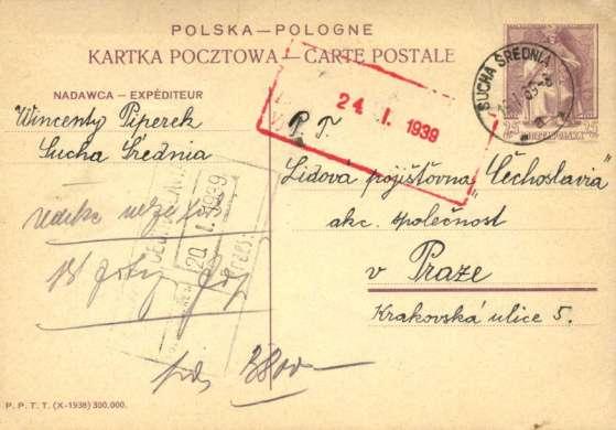 - 5-1939. Tarif za dopisnici do zahraničí činil ke dni expedice zásilky 25 gr. Tarif platil od 1.10.1934.
