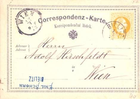 13, razítko typ G4, BIELITZ, průměr 20 mm. Expediční razítko s datem 11 / 1 / 72 (11. ledna 1872) korespondenční lístek (tzv.ņluťásek) poslaný z Bielska do Vídně.