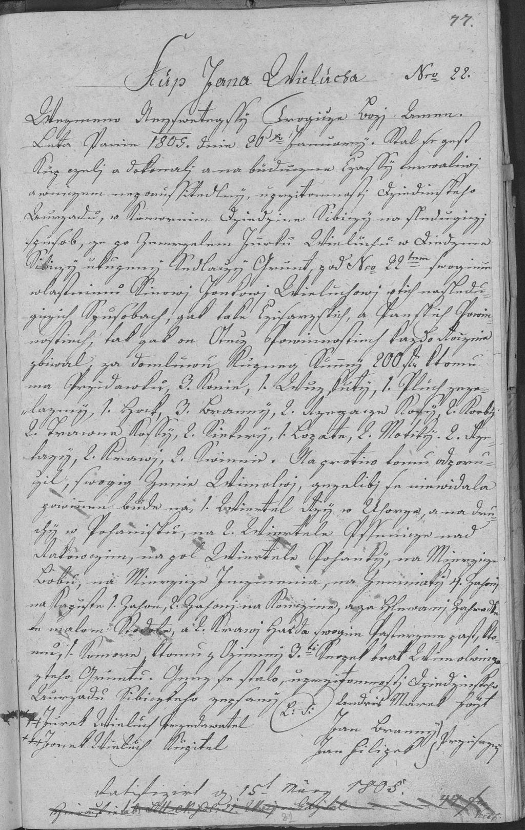 Gruntovnice obce Svibice 1700-1838 (ZA Opava): Kup Jana Wielucha čp.22 (fol.77) Wegmenu Nejswětější Trojice Boži Amen.