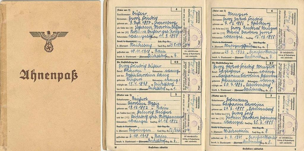 Ahnenpass (pas předků) Ahnenpas byl úředně ověřený doklad rodového původu v letech (1933)1939-1945. Účelem tohoto dokumentu bylo dokázat a zaznamenat árijský (nežidovský a necikánský) původ jedince.