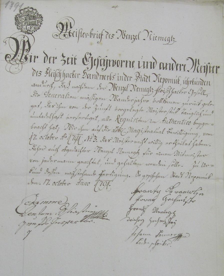 Svatební smlouva měšťana Tomáše Němejce (1721-1771) a