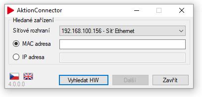 Postup konfigurace IP adresy: 1. Spusťte aplikaci Aktion Connector. 2. Klikněte na tlačítko Spustit.