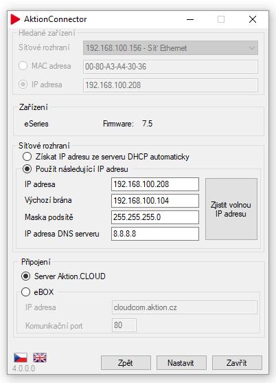 B. Nastavení připojení snímačů e-series na Cloud Server s manuálním nastavením IP adresy V případě, že potřebujete v síti pevně nastavenou adresu pro zařízení eseries (aktivní prvky neumí přidělovat