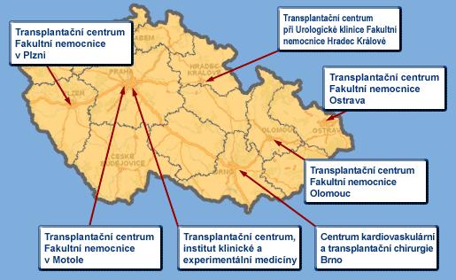 Obrázek 3 Transplantační centra v ČR (zdroj: