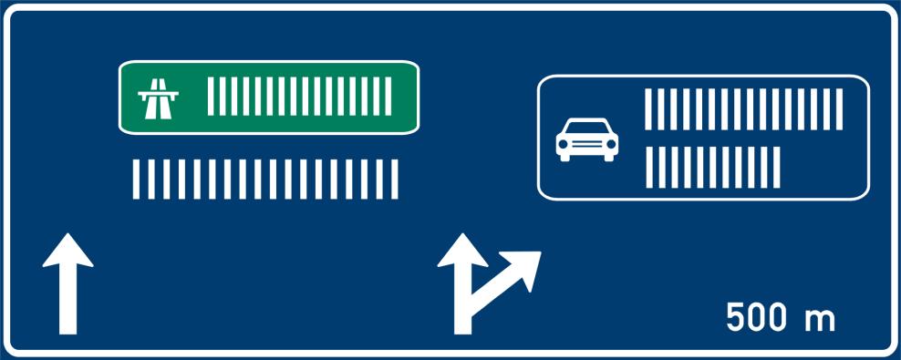 64 ODZ před křižovatkou silnic (značka nad vozovkou), přímo i cíl dosažitelný po dálnici, vpravo cíle dosažitelné po SMV. Obr.