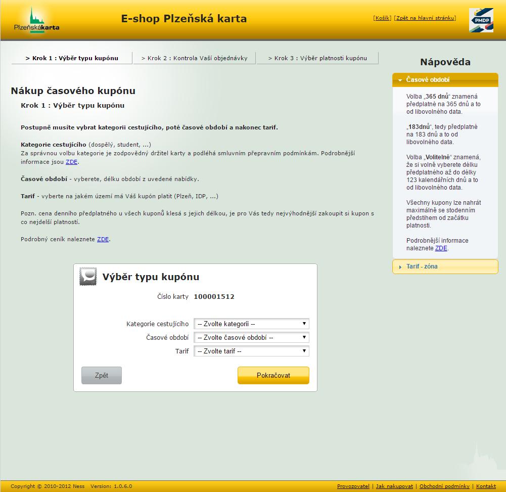 Dobití časového předplatného Dobití časového předplatného probíhá ve třech jednoduchých krocích: Do textového pole v okně Nákup časového kupónu vepište číslo Plzeňské karty, na niž chcete dobít
