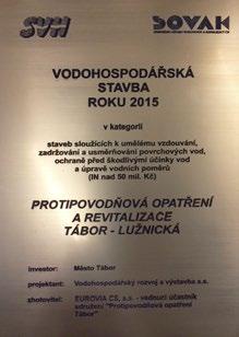 Ocenění Vodohospodářská stavba roku 2015 získalo řešení ochrany proti velké vodě spolu s revitalizací nábřežní zóny pravého břehu řeky Lužnice v Táboře.