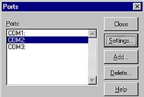 Klepnutím na CONFIGURE PORT... se otevře dialogové okno Ports. Vyberte odpovídající port a klepněte na SETTINGS.